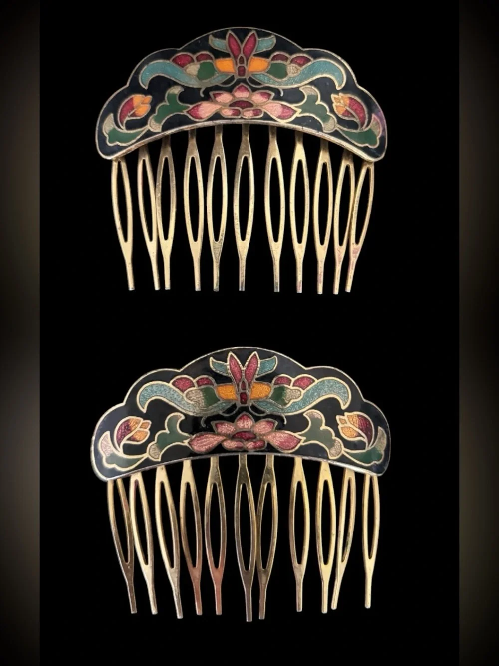 Vintage Floral Enamel Hair Comb - Multicolor Gold-Tone